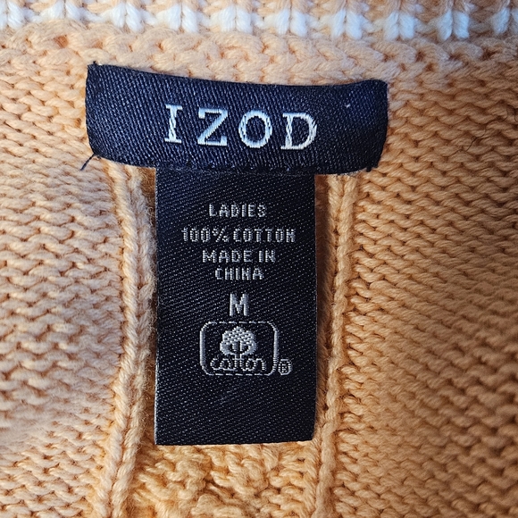 IZOD Cable Knit V Neck Sweater Peach Varsity Stripe Cotton M - Picture 6 of 9